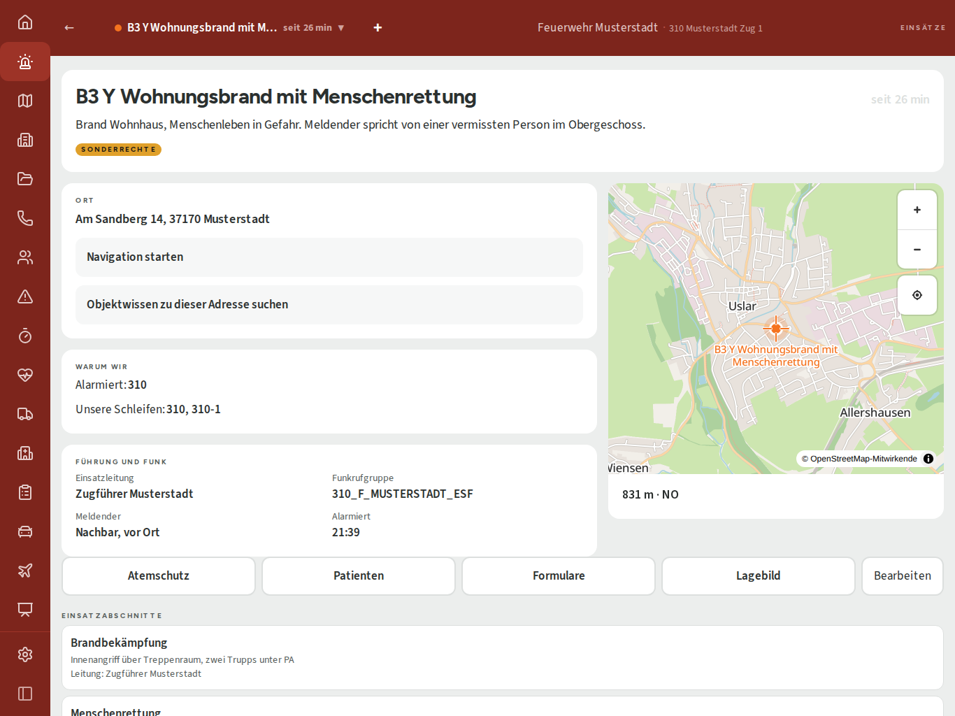 Die Einsatzansicht mit allen Fachbereichen