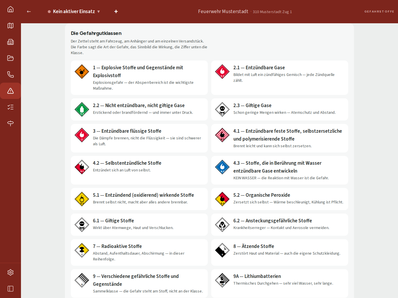 Alle Gefahrgutklassen mit ihrem Gefahrzettel, von Klasse 1 bis 9A