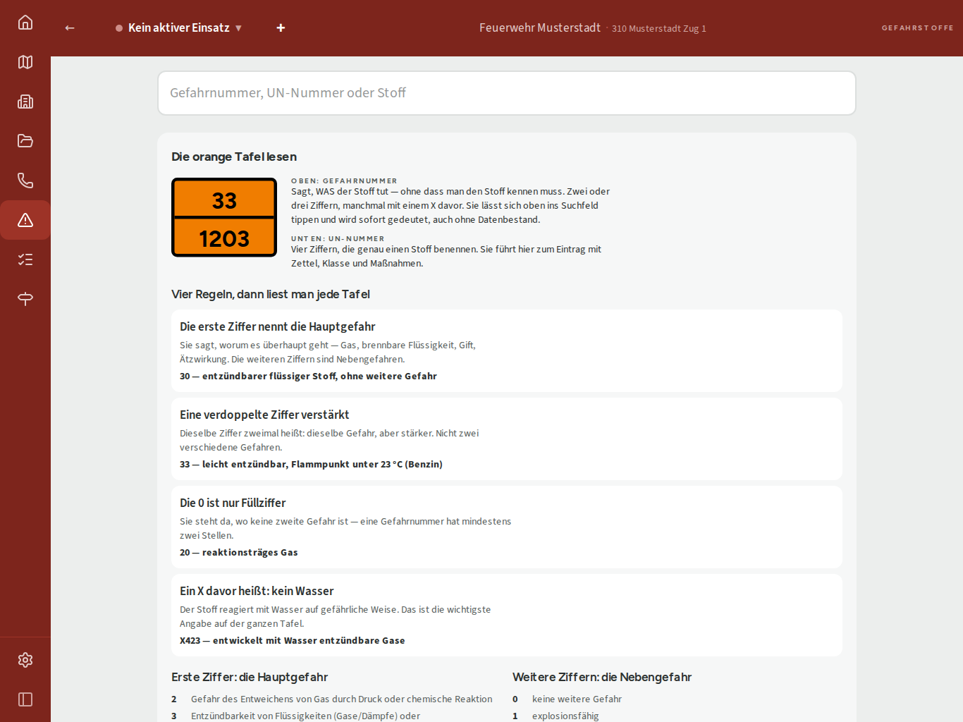 Die Übersicht mit der orangen Warntafel und den vier Regeln zum Lesen einer Gefahrnummer